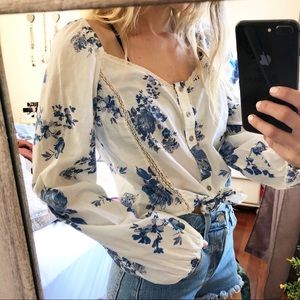 Floral Print Boho Puff Sleeve Milkmaid Tie Front